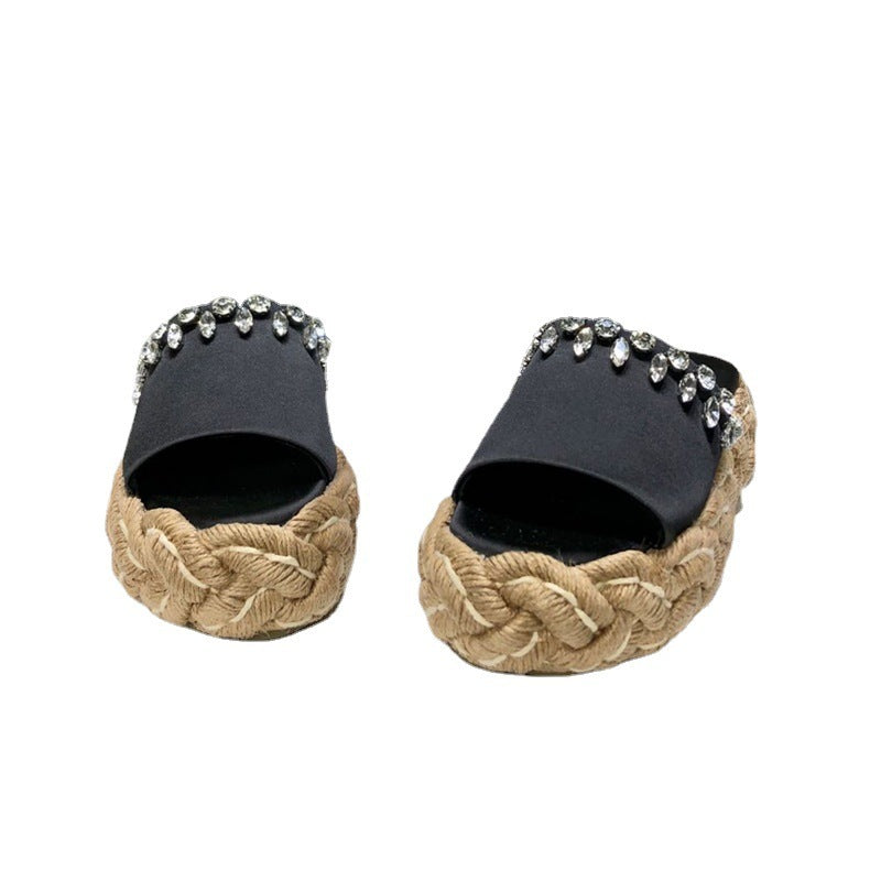 Women's Rhinestone Hemp Rope Straw Woven Thick Sole Slippers