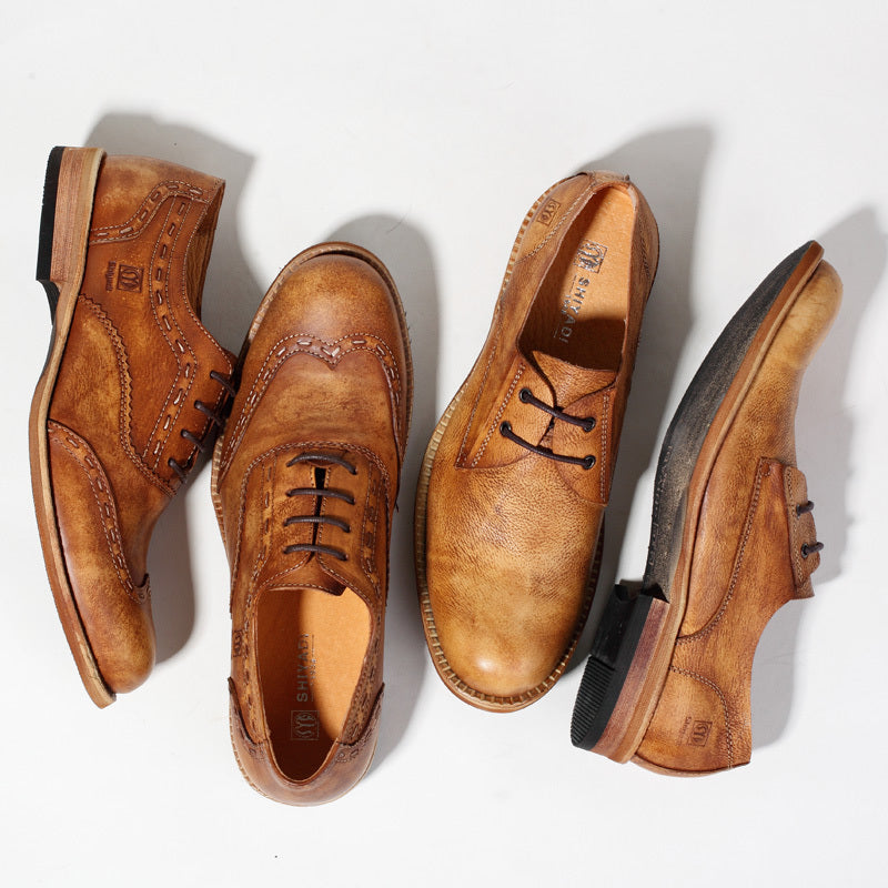 Retro Brogue Men's Leather Shoes, Carved, Light/Dark Brown