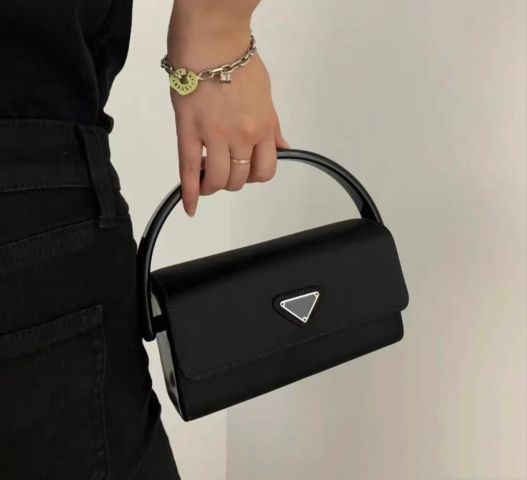 Versatile Dark Black PU Nylon Square Handbag