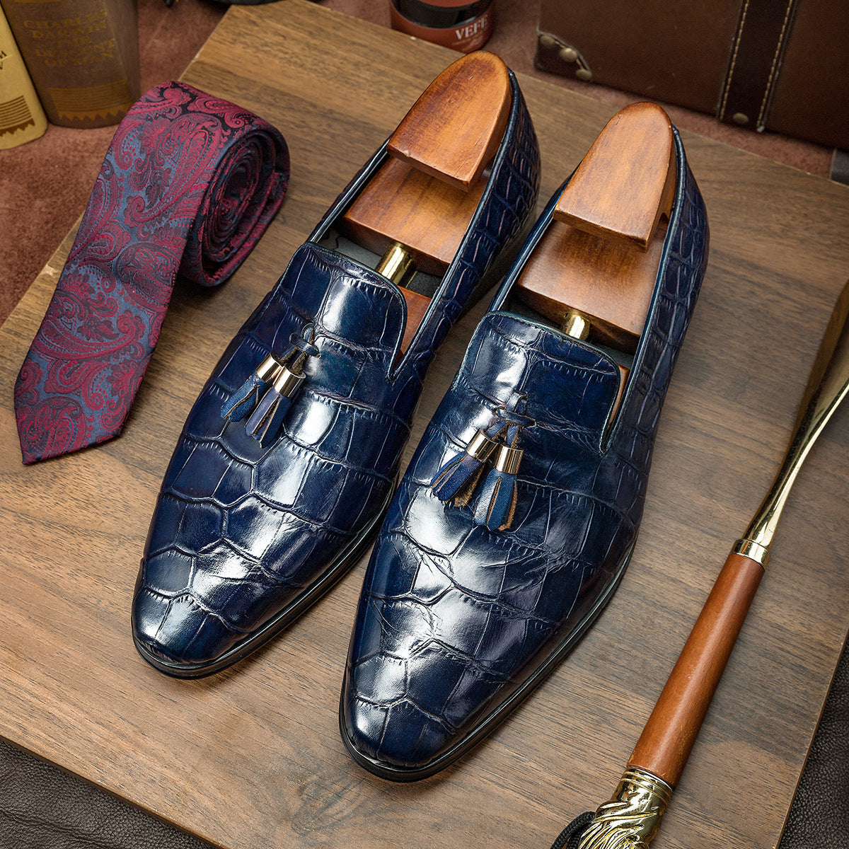 Blue British Business Casual Leather Shoes, Low Heel