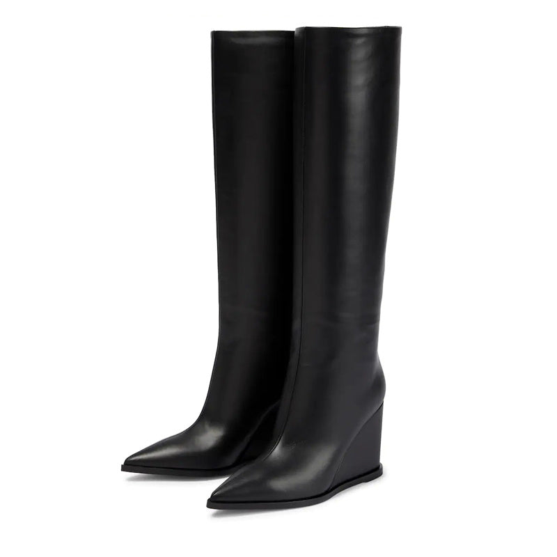 Women’s Large Tube Leather Wedge High Boots