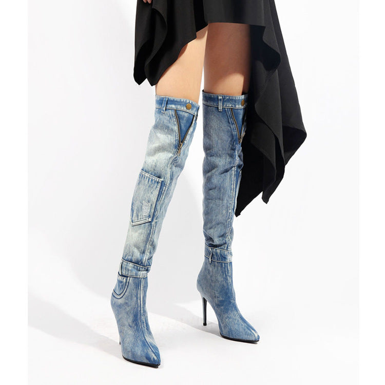 Denim Over-Knee Riding Boots with Slim High Heel