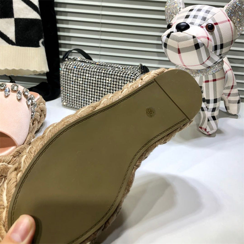 Women's Rhinestone Hemp Rope Straw Woven Thick Sole Slippers