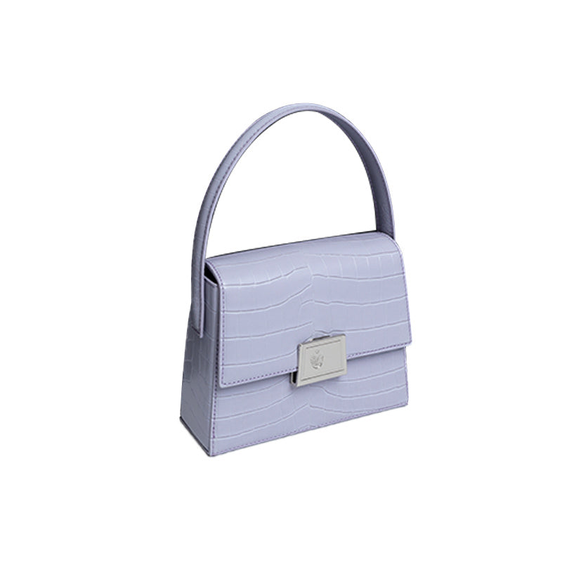 French Crocodile-Print Cowhide Handbag - Lock Closure