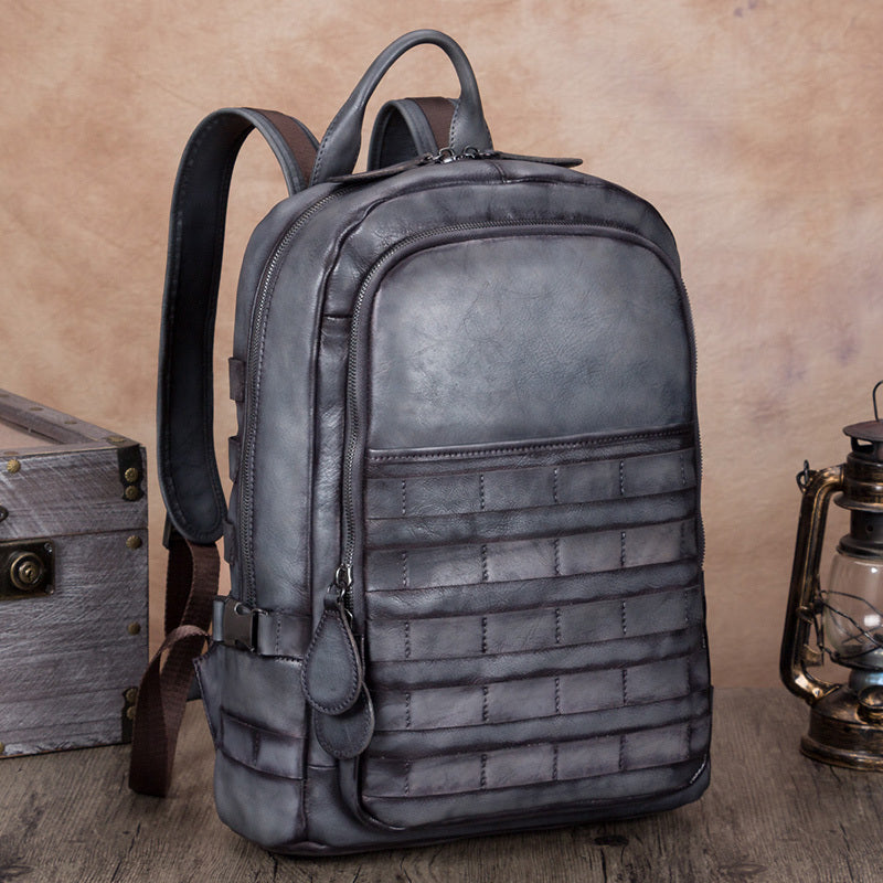 Vintage Cowhide Leather Men's Backpack, Zippered Pockets