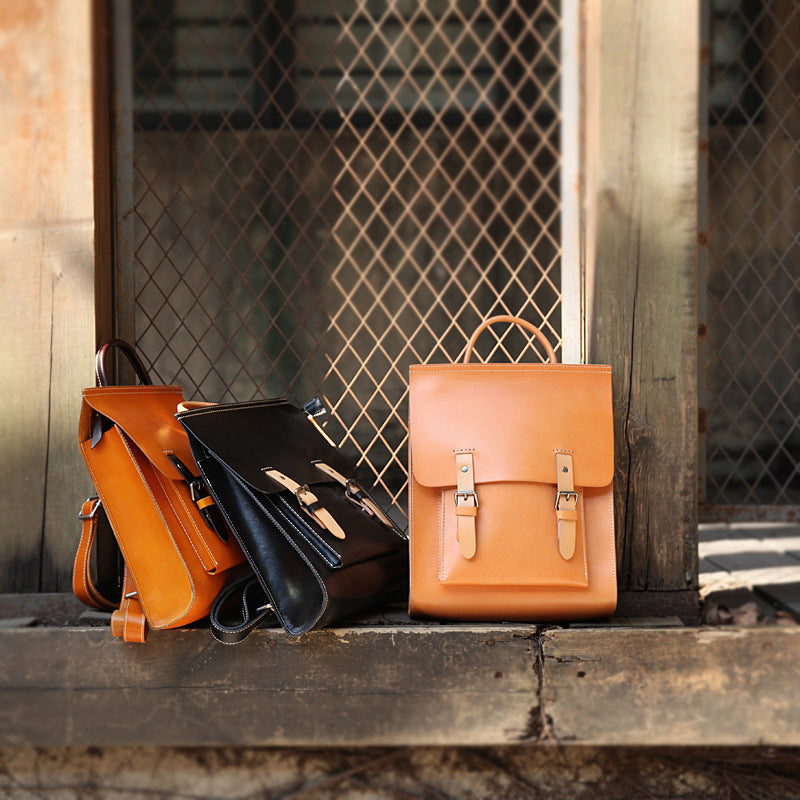 Durable First Layer Cowhide Leather School Bag - Square