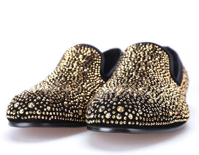 Men's Black Abrasive Leather Golden Diamond Casual Shoes