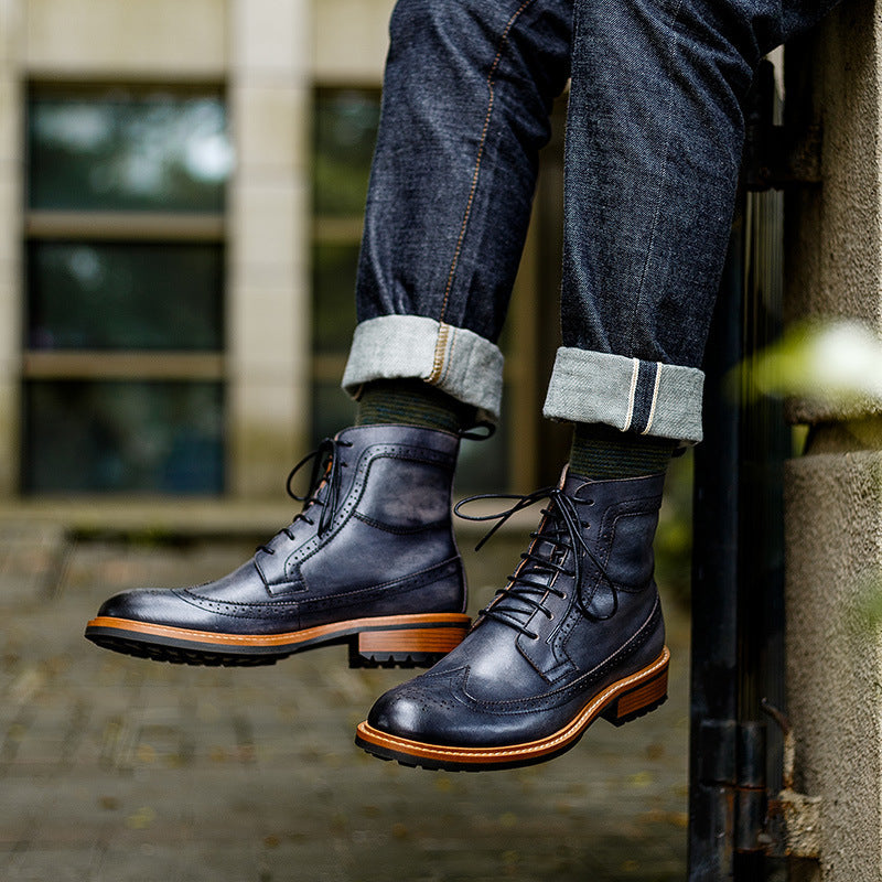Men's Casual Leather Martin Boots - Round Toe, Black/Brown
