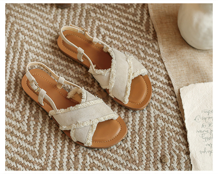 Flat Shoes Leather Cross Simple Ladies Roman Sandals Beach Casual Women's Shoes