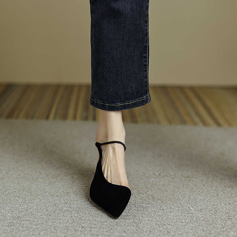 Leather Semi-Toe Buckle Sandals - Medium Stiletto Heel