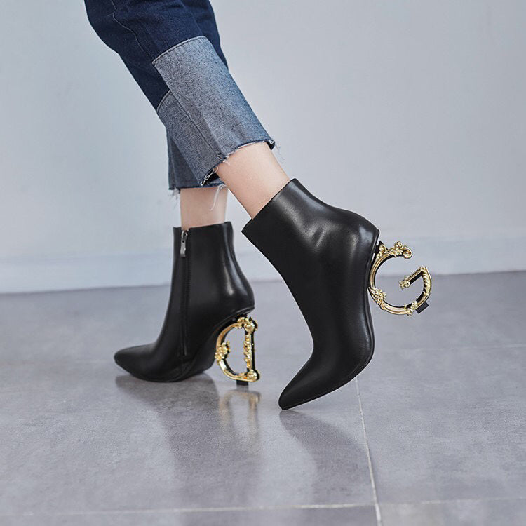 Women's Cowhide Sheepskin Pointed Toe High Heel Boots