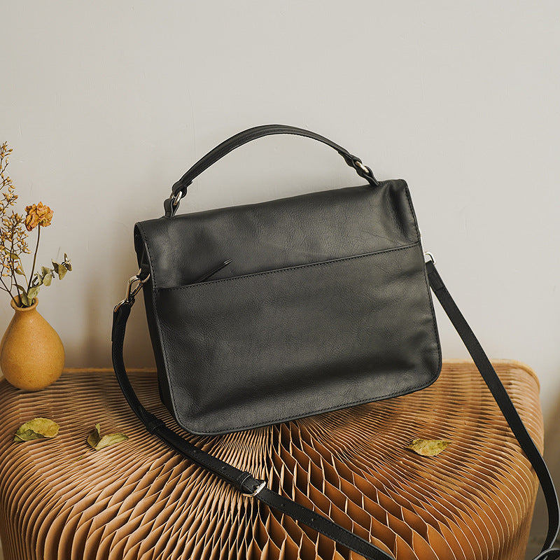 Genuine Soft Cowhide Leather Messenger Bag, Black/Yellow