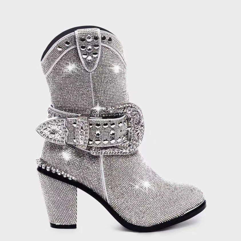 Women’s Silver Chunky Heel Fashion Catwalk Boots
