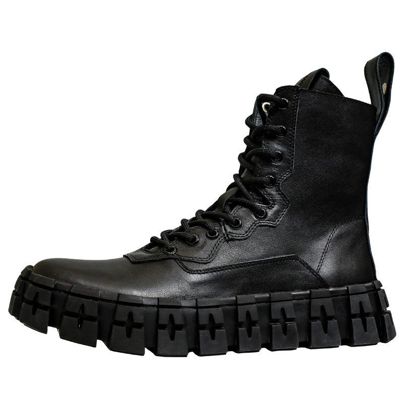 Men's Thick Sole Mid-Top Cowhide Motorcycle Boots