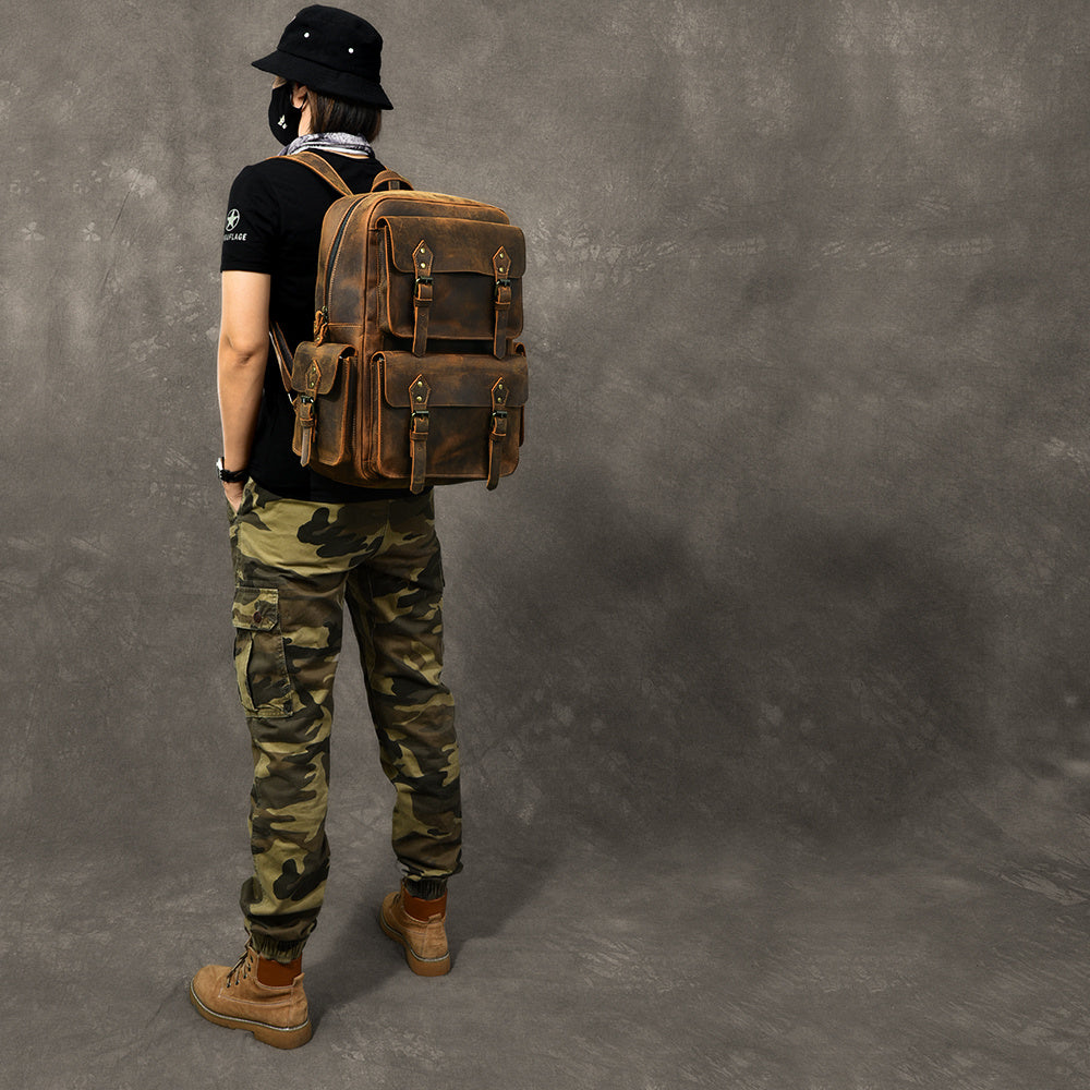 Vintage Crazy Horse Leather Backpack, 45x33x14cm