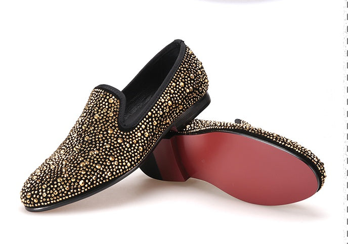 Men's Black Abrasive Leather Golden Diamond Casual Shoes