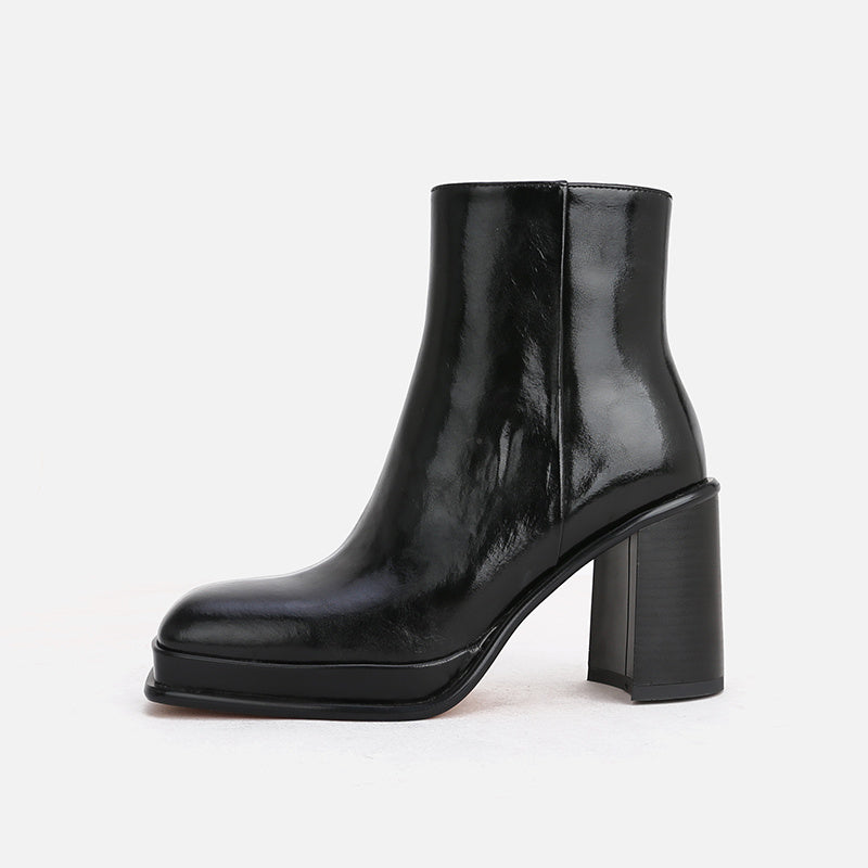 Waterproof Leather Ankle Boots Thick Heel Square Toe