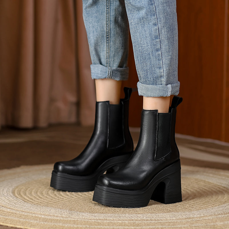 Square Toe Chunky Heel Platform Ankle Boots - Apricot/Black