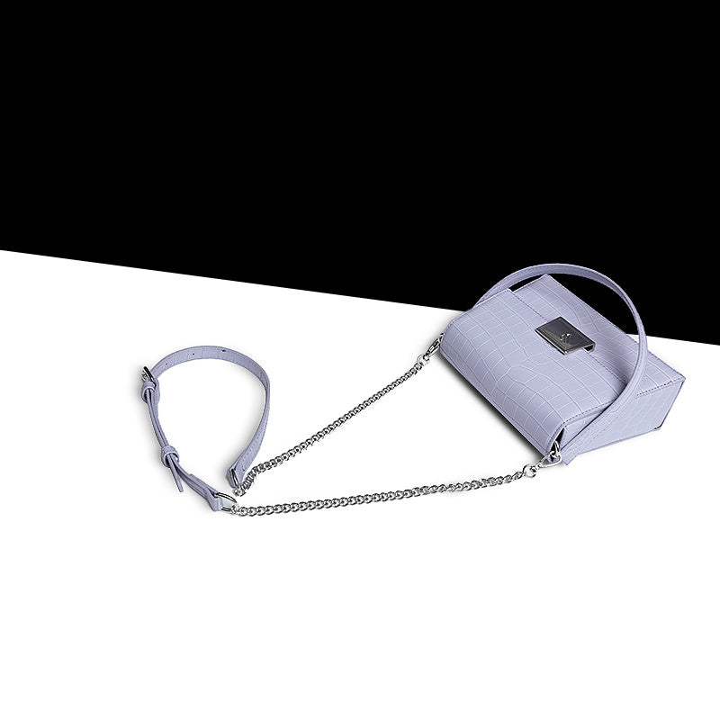 French Crocodile-Print Cowhide Handbag - Lock Closure