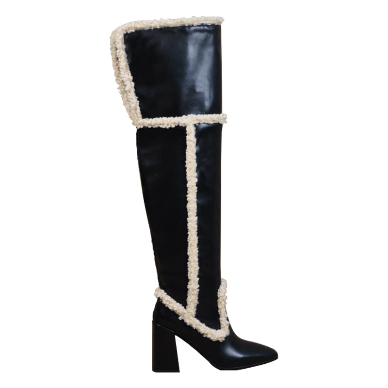 Lamb Hair Square Toe Leather Thick Heel High Boots