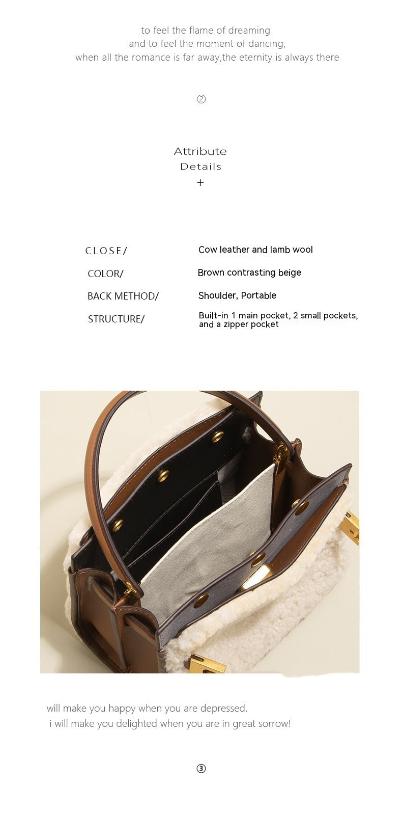 Large Lamb Wool Cowhide Leather Plush Bag, Autumn