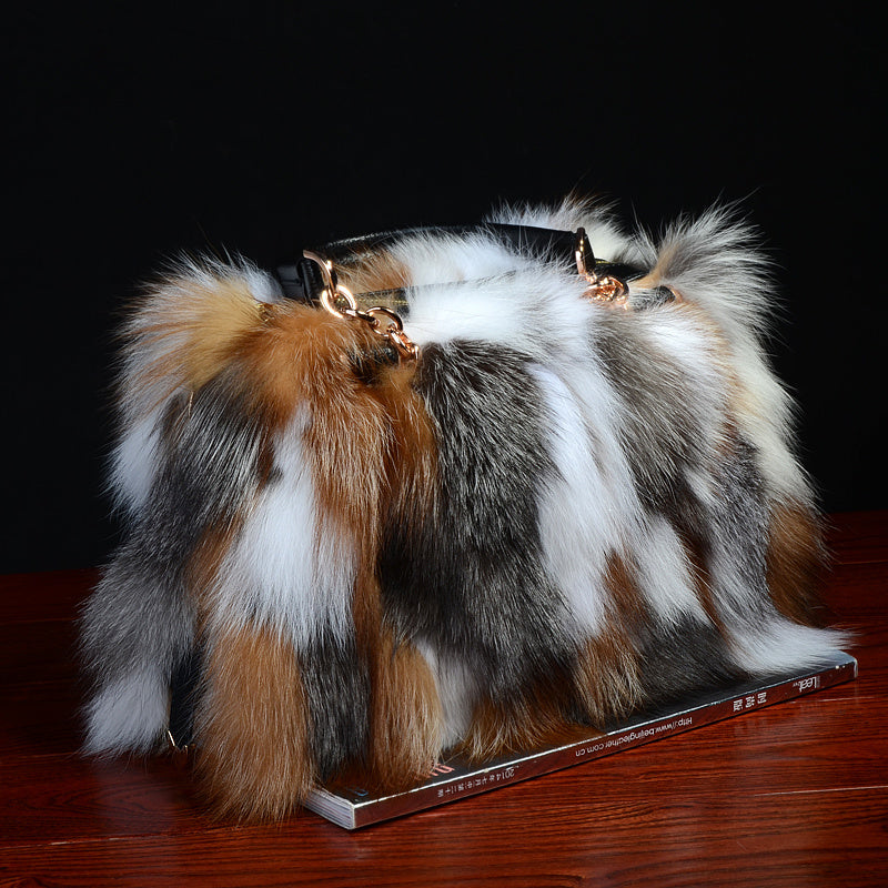 Medium Cowhide Handbag with Silver Fox Fur Stripe