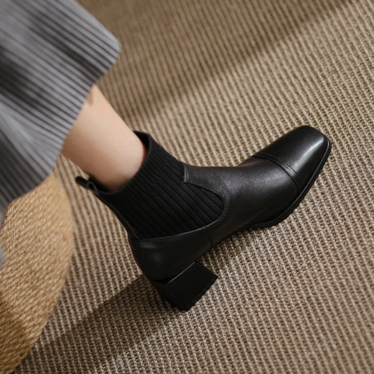 Leather Square Toe Mid-Heel Chunky Sole Boots