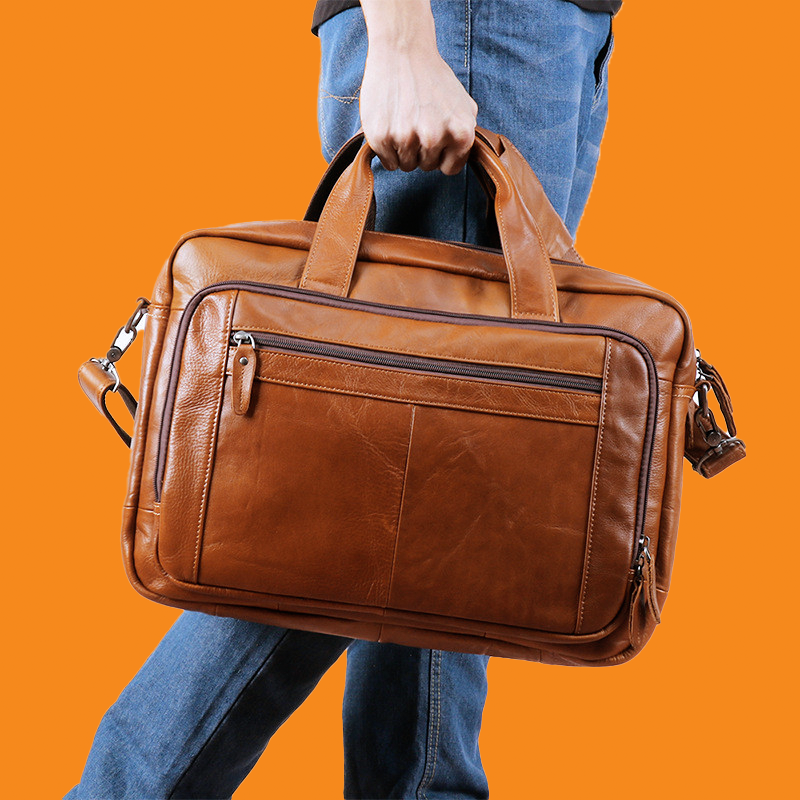 17” Leather Business Computer Bag, Cowhide, Soft Handle