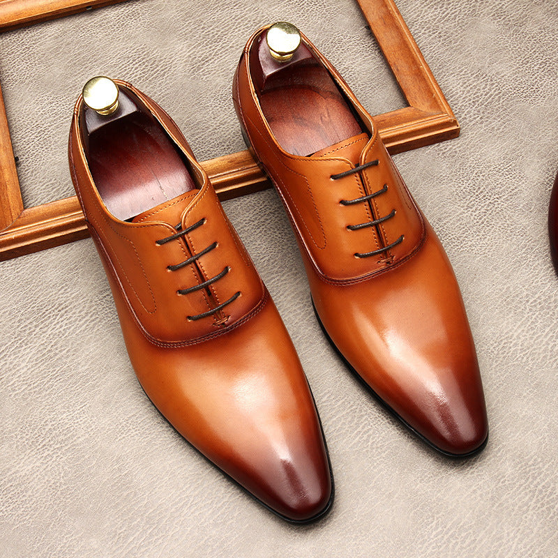 Men's Lace-up Pointed Formal Cowhide Leather Shoes