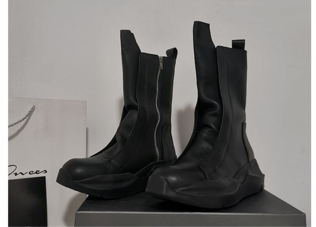 Men's Leather Zipper Motorcycle Boots - Medium Heel