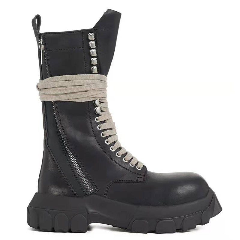 Men's Knight Boots Cowhide Double Zipper Black