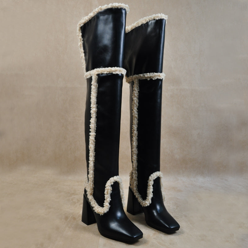 Lamb Hair Square Toe Leather Thick Heel High Boots