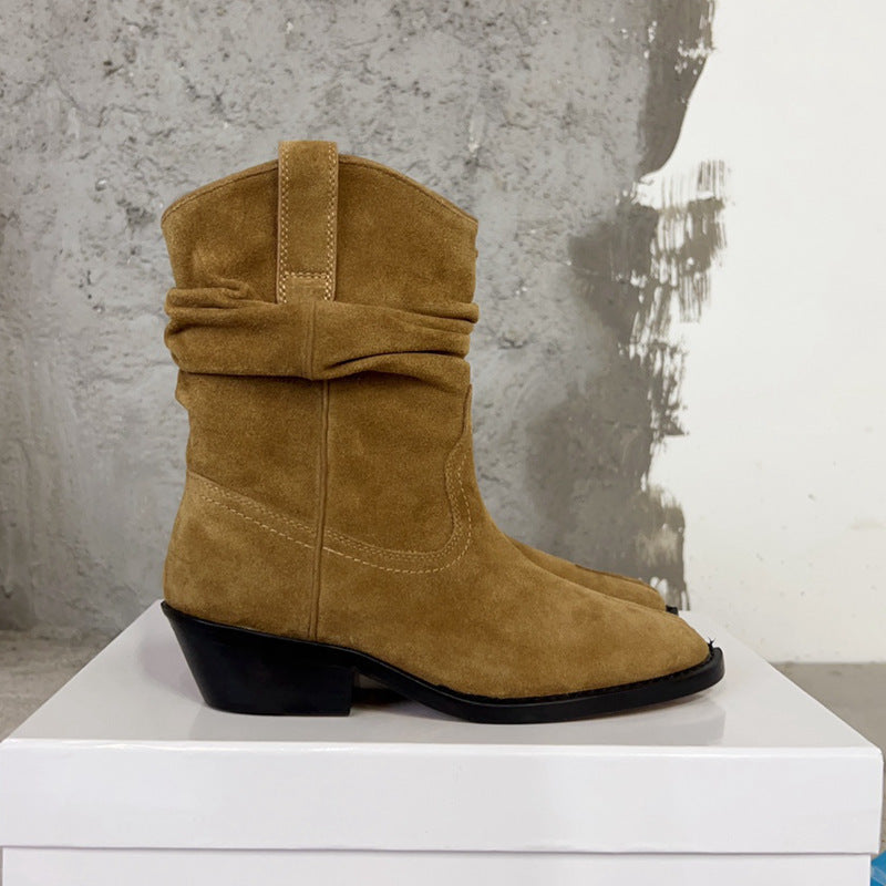 Round Toe Leather Split Toe Ankle Boots with Horseshoe Heel