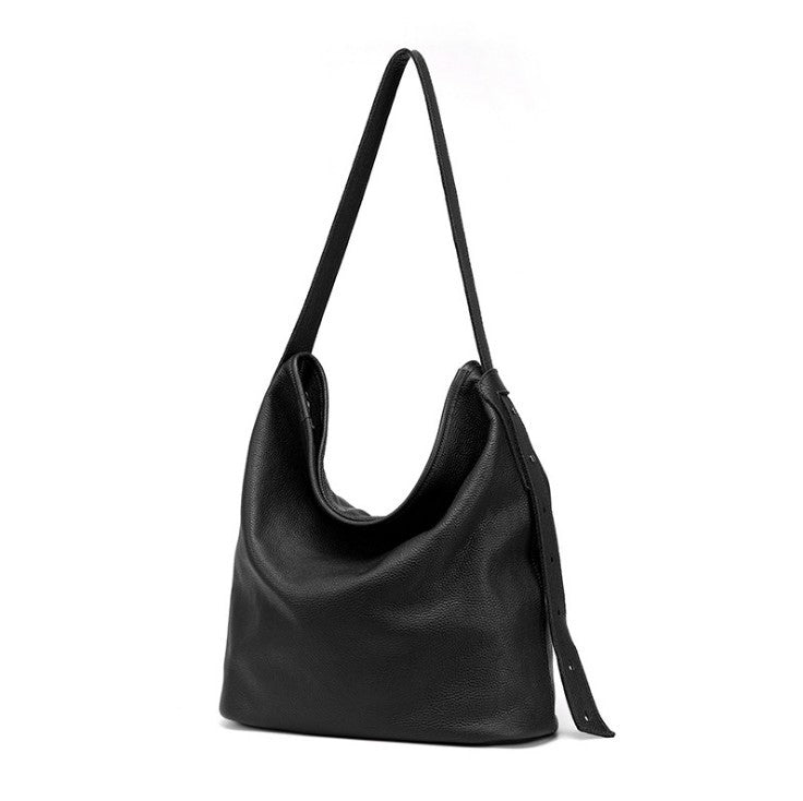 Large First Layer Cowhide Leather Bucket Bag - Black Khaki