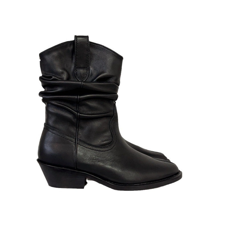 Round Toe Leather Split Toe Ankle Boots with Horseshoe Heel