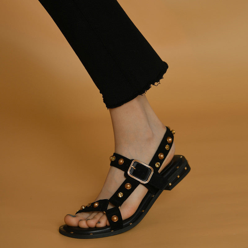 Black Flat Orange Roman Holiday Style Women's Sandals