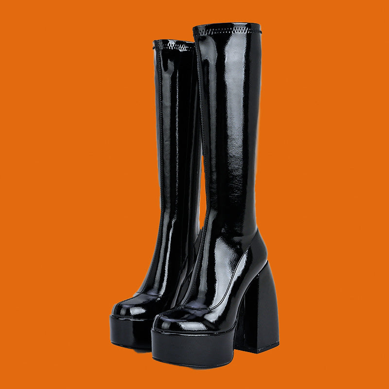 Chunky Heel Over-the-Knee Platform Stretch Fringe Boots
