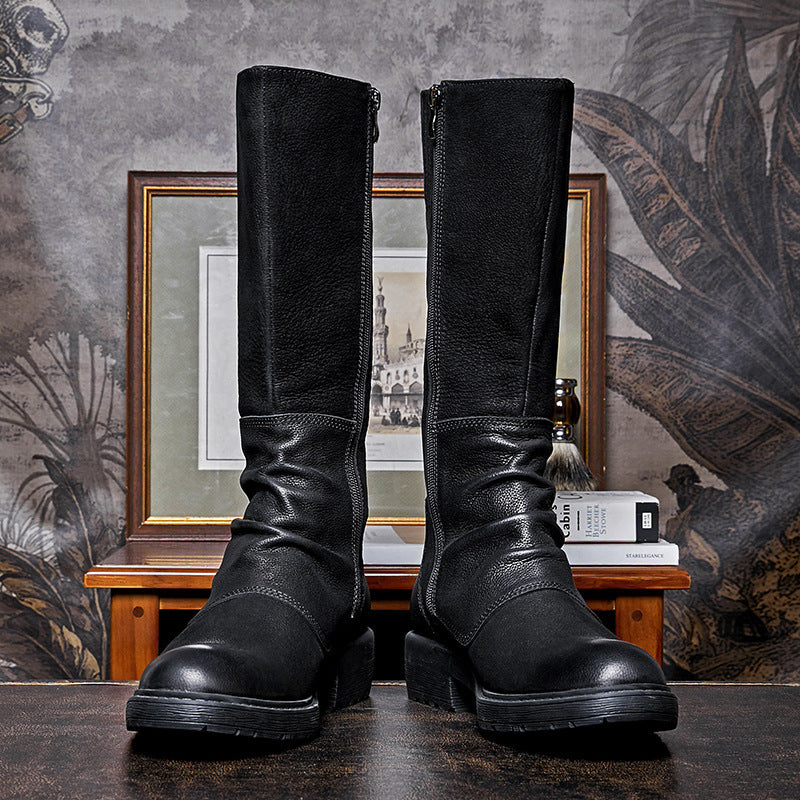 Men's Black Platform High Top Zip Boots, Cowhide Leather