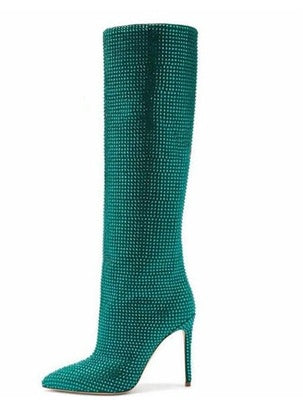 Velvet Rhinestone Pointed Toe Stiletto Boots