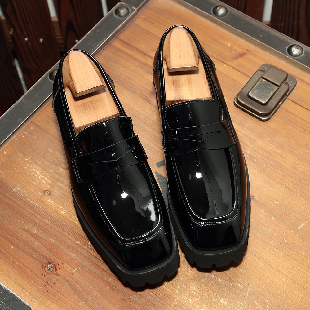 Men's Black Patent Leather Slip-on Square Toe Shoes