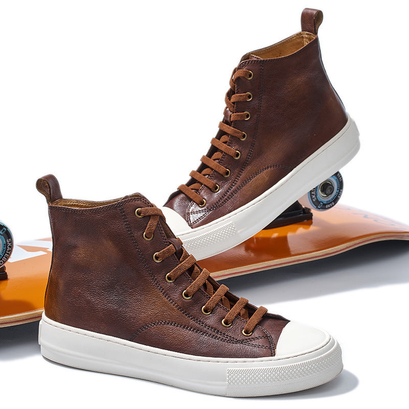 Genuine Leather Retro Japanese-Korean Mid-Top Shoes