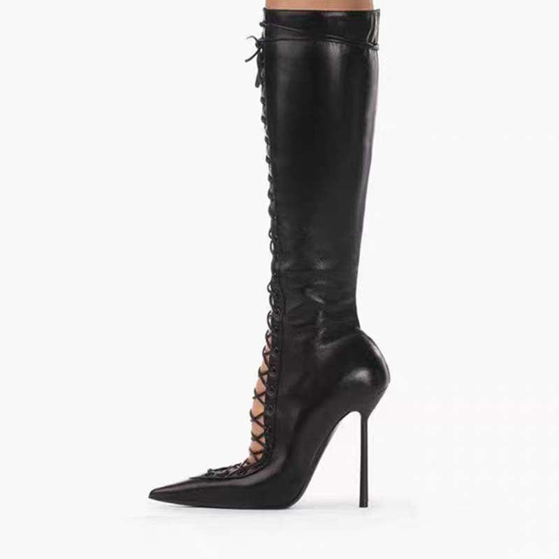 Pointed Toe Hollow Cross Lace-up Stiletto Boots