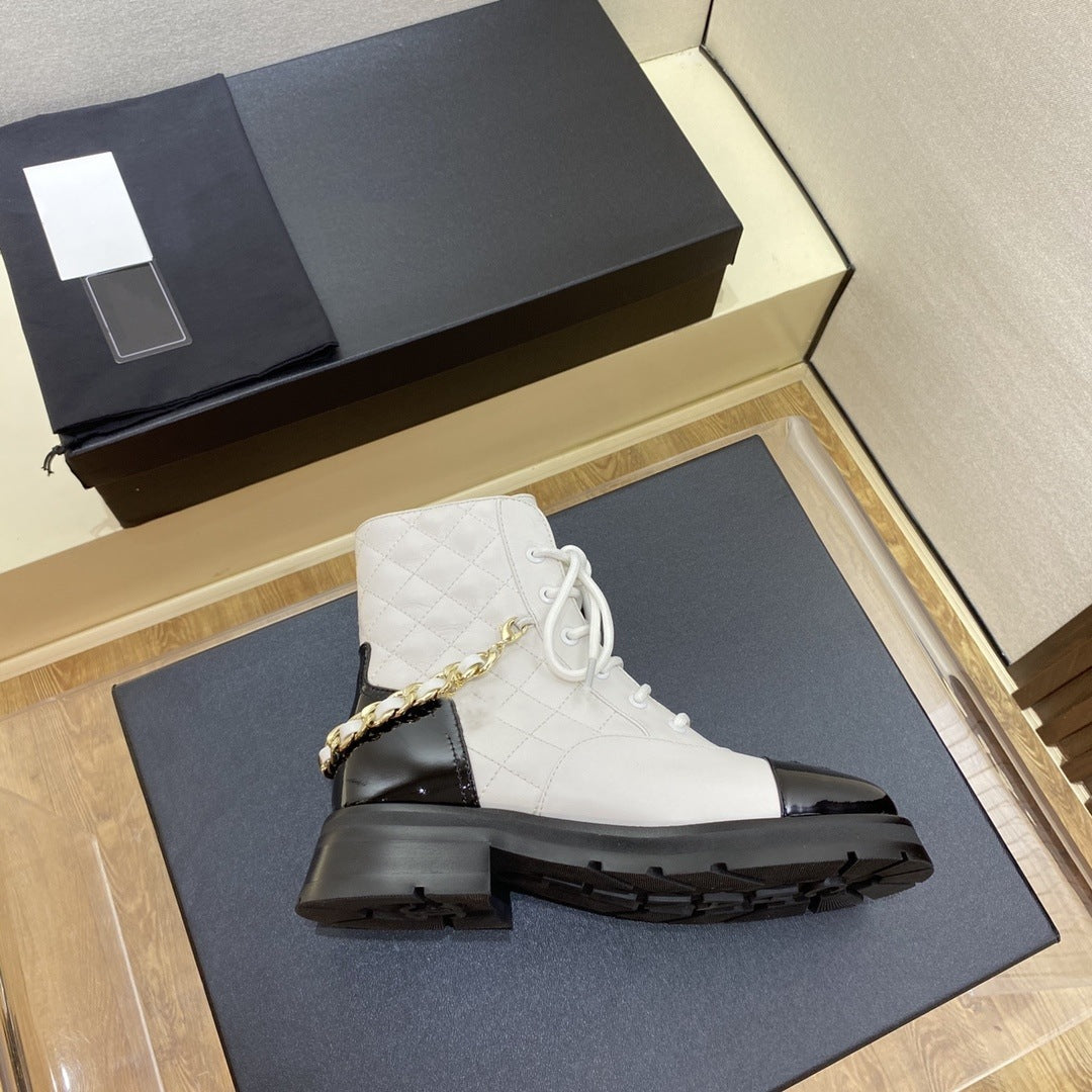 French Sheepskin Short Boots with Chunky Heel & Chain