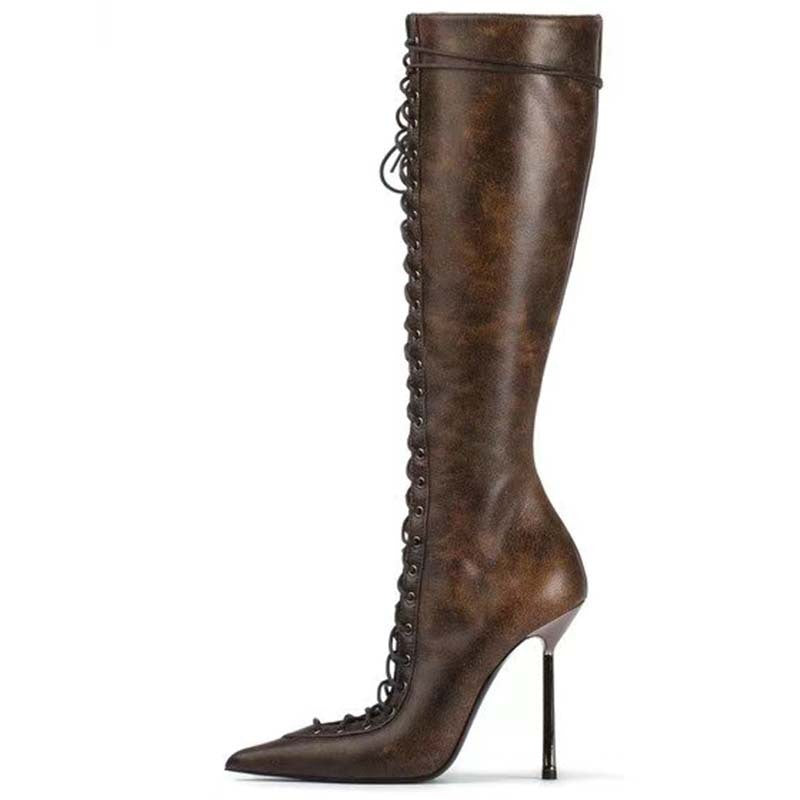 Pointed Toe Hollow Cross Lace-up Stiletto Boots