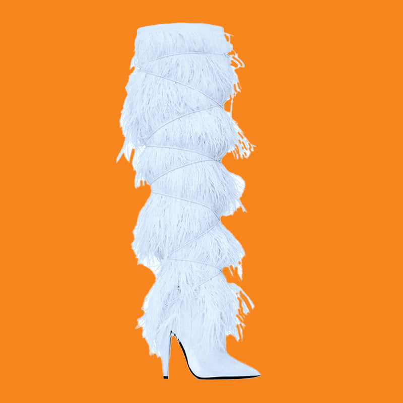 White feathered high-heeled boot on an orange background
