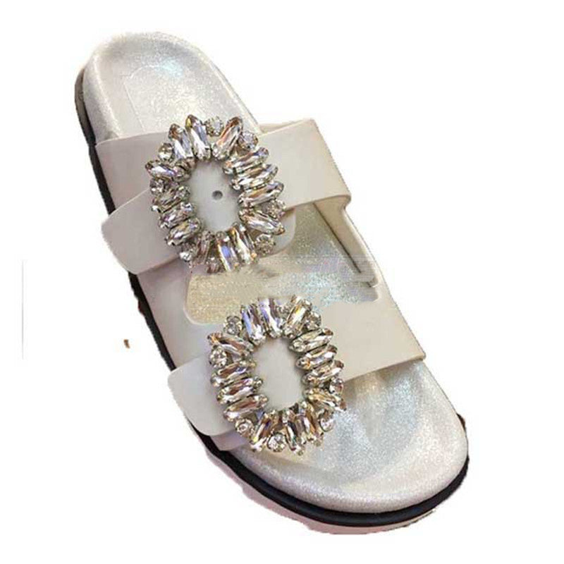 Women's Fashion Leather Rhinestone Square Buckle Flat Sandals