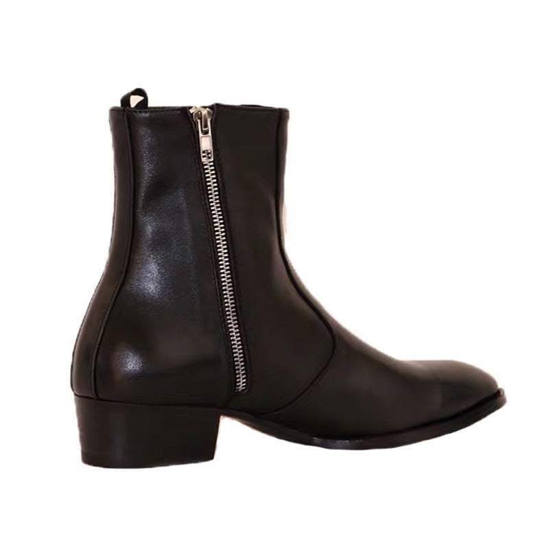 Men's Leather Pointed Toe Zipper Martin Boots Black