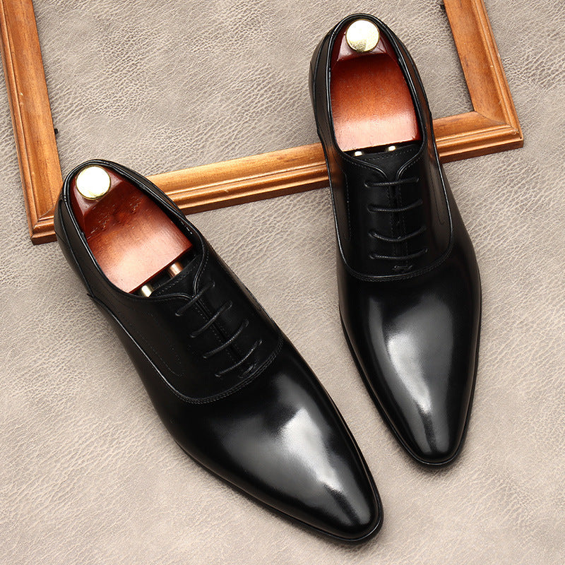 Men's Lace-up Pointed Formal Cowhide Leather Shoes