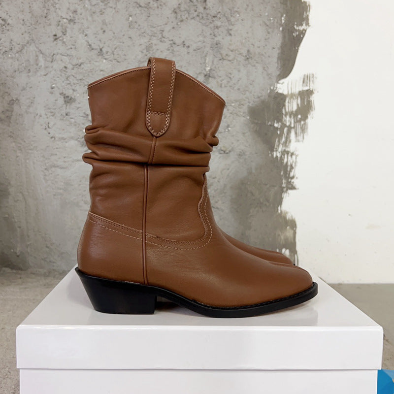 Round Toe Leather Split Toe Ankle Boots with Horseshoe Heel