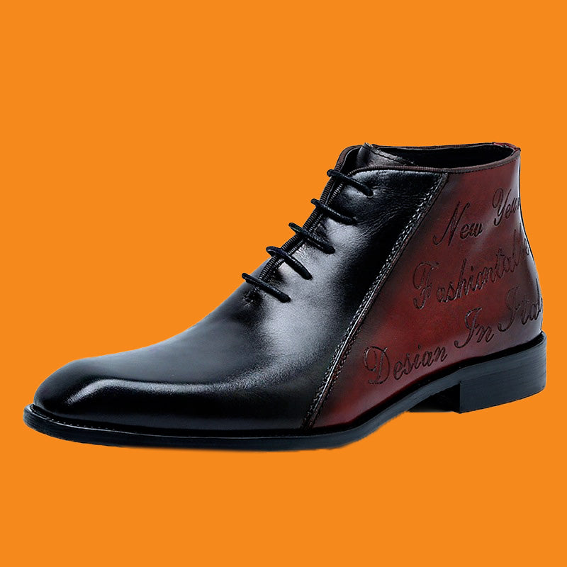 Black leather boot with red interior on an orange background